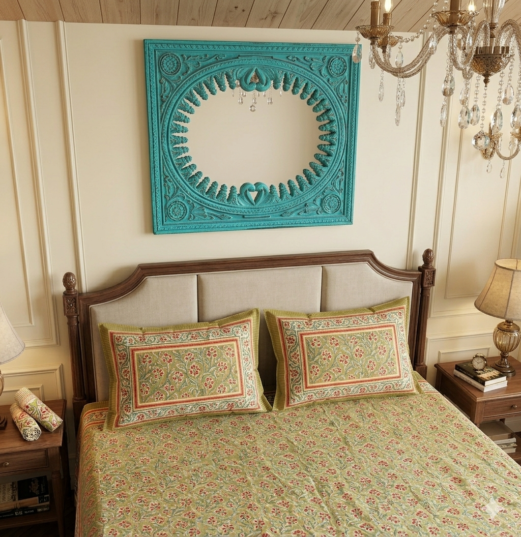 Olive Green Red Handblock Print Double Bedsheet