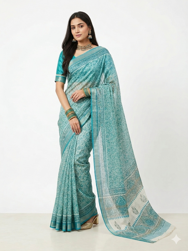 Light Teal Blue Maheswari Silk Saree