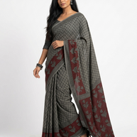 Grey Black Weave Handblock Print Cotton Saree