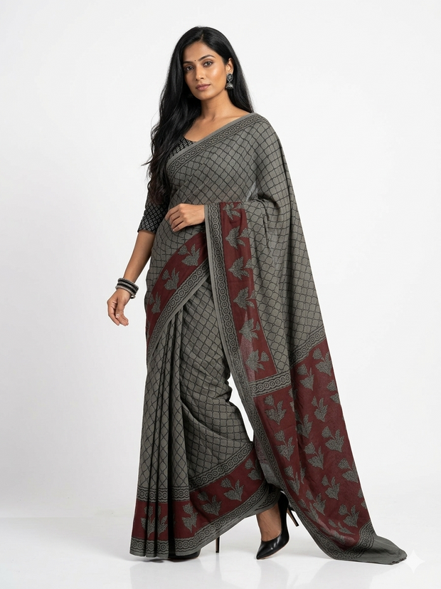 Grey Black Weave Handblock Print Cotton Saree