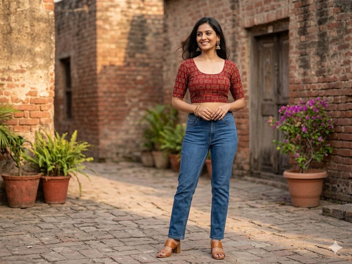 Maroon Black Handblock Cotton Blouse