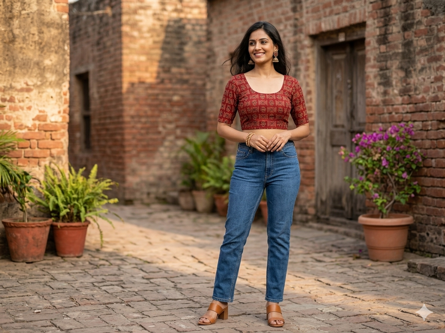 Maroon Black Handblock Cotton Blouse