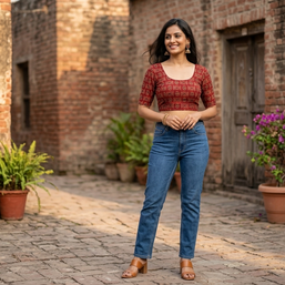 Maroon Black Handblock Cotton Blouse