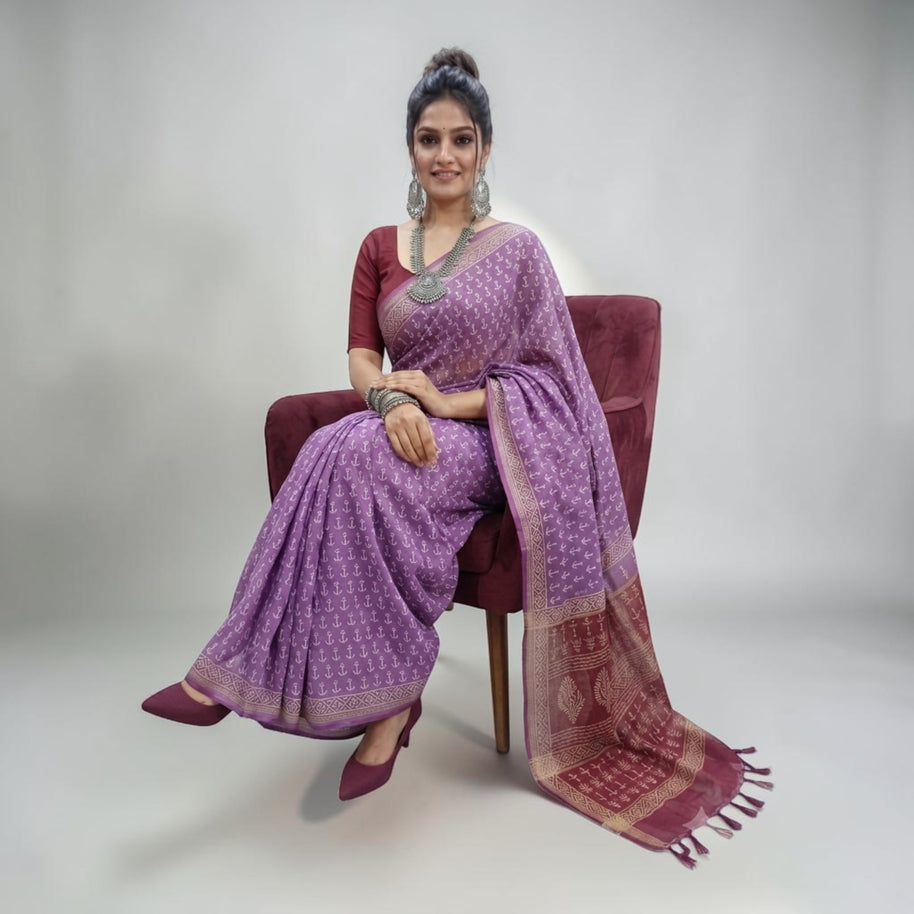 Purple Handblock Chanderi Saree