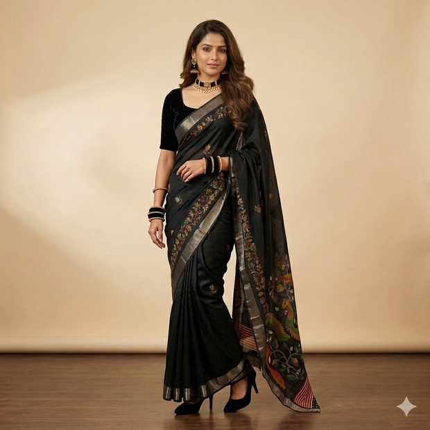 Black Multi Floral Silk Saree