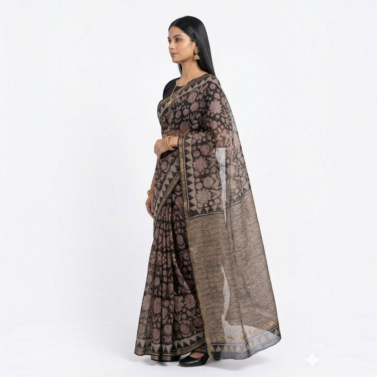 Black Floral Handblock Kota Cotton Saree
