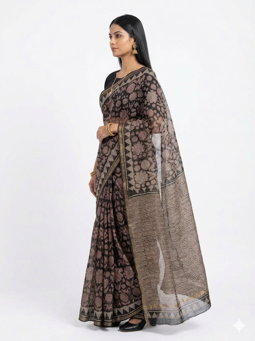 Black Floral Handblock Kota Cotton Saree