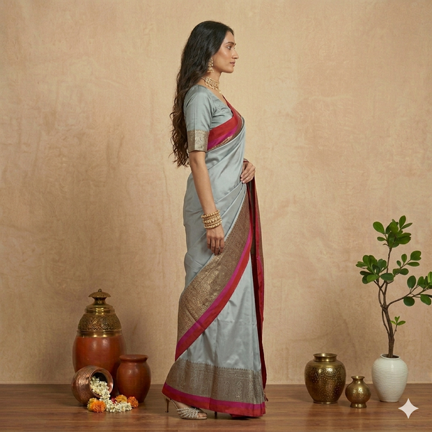 Grey Red Mota Border Silk