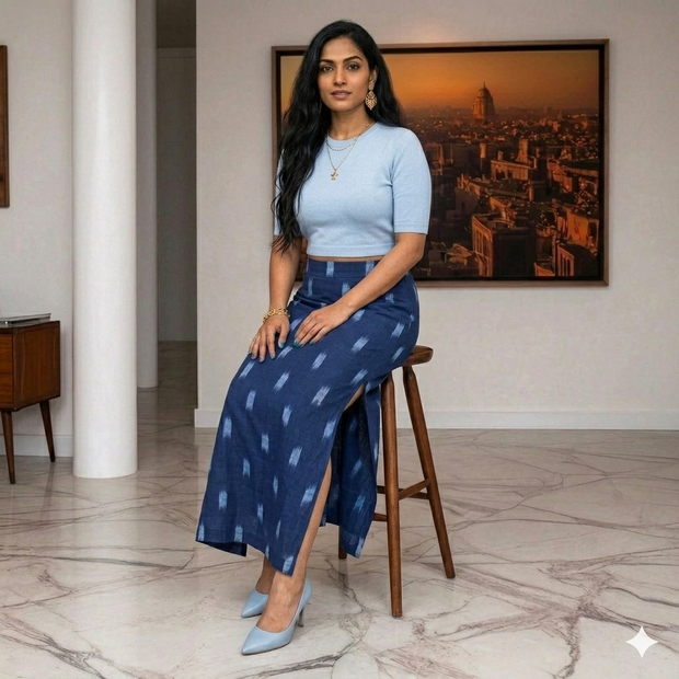 Blue White Handwoven Ikat Cotton Long Skirt