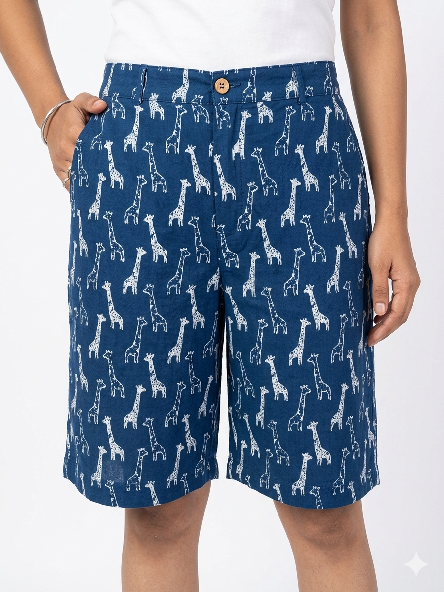 Blue Animal Cotton Shorts