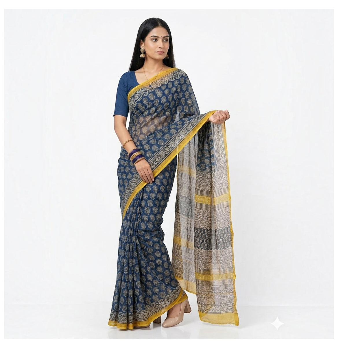 Dark Blue Lotus Handblock Kota Cotton Saree