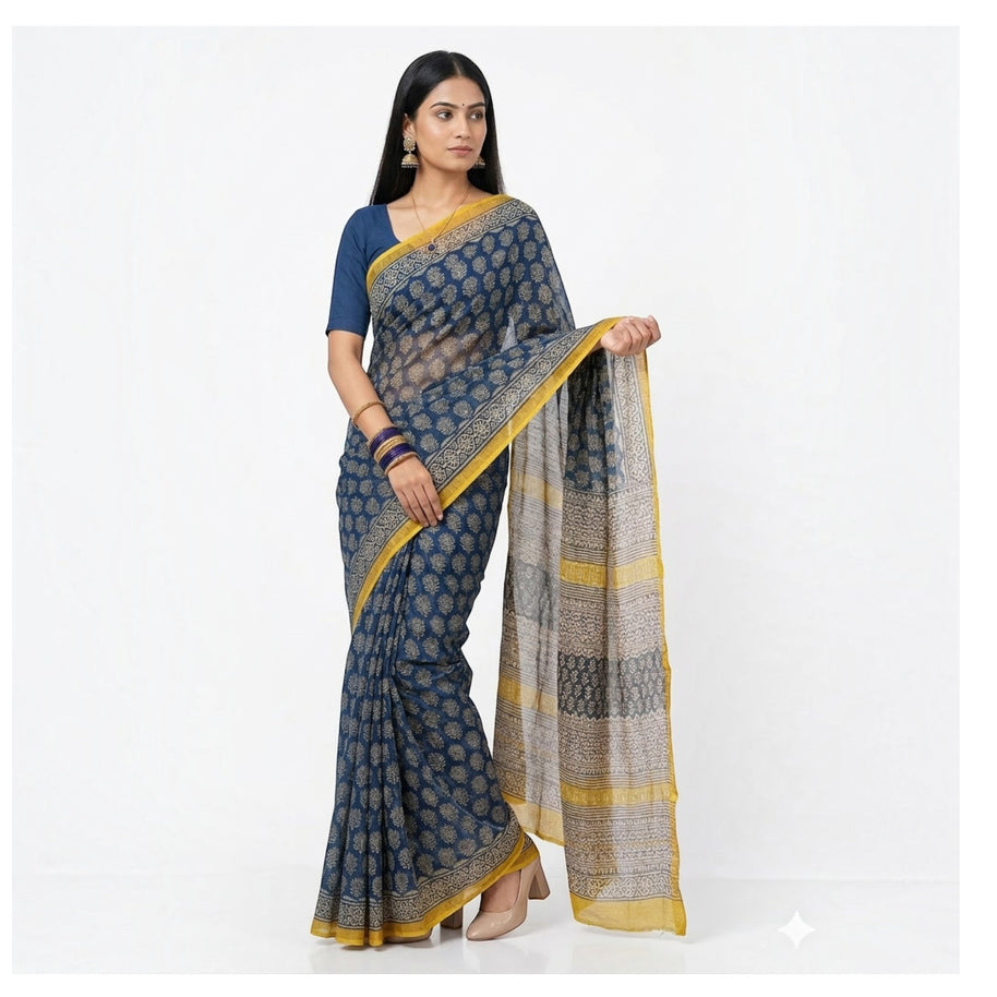 Dark Blue Lotus Handblock Kota Cotton Saree