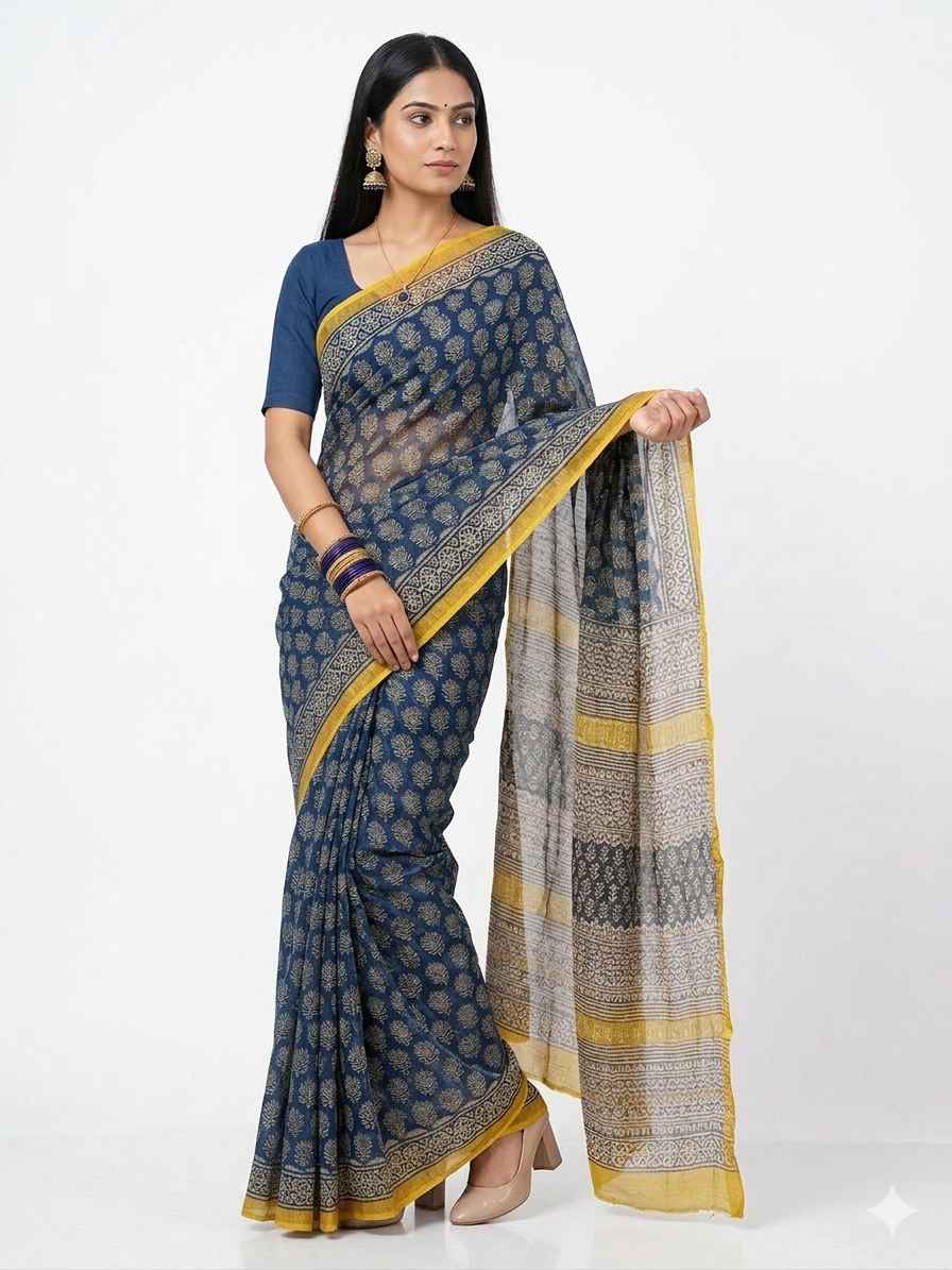 Blue Offwhite Handblock Kota Cotton Saree