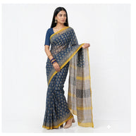 Dark Blue Lotus Handblock Kota Cotton Saree