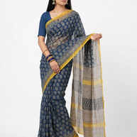Blue Offwhite Handblock Kota Cotton Saree