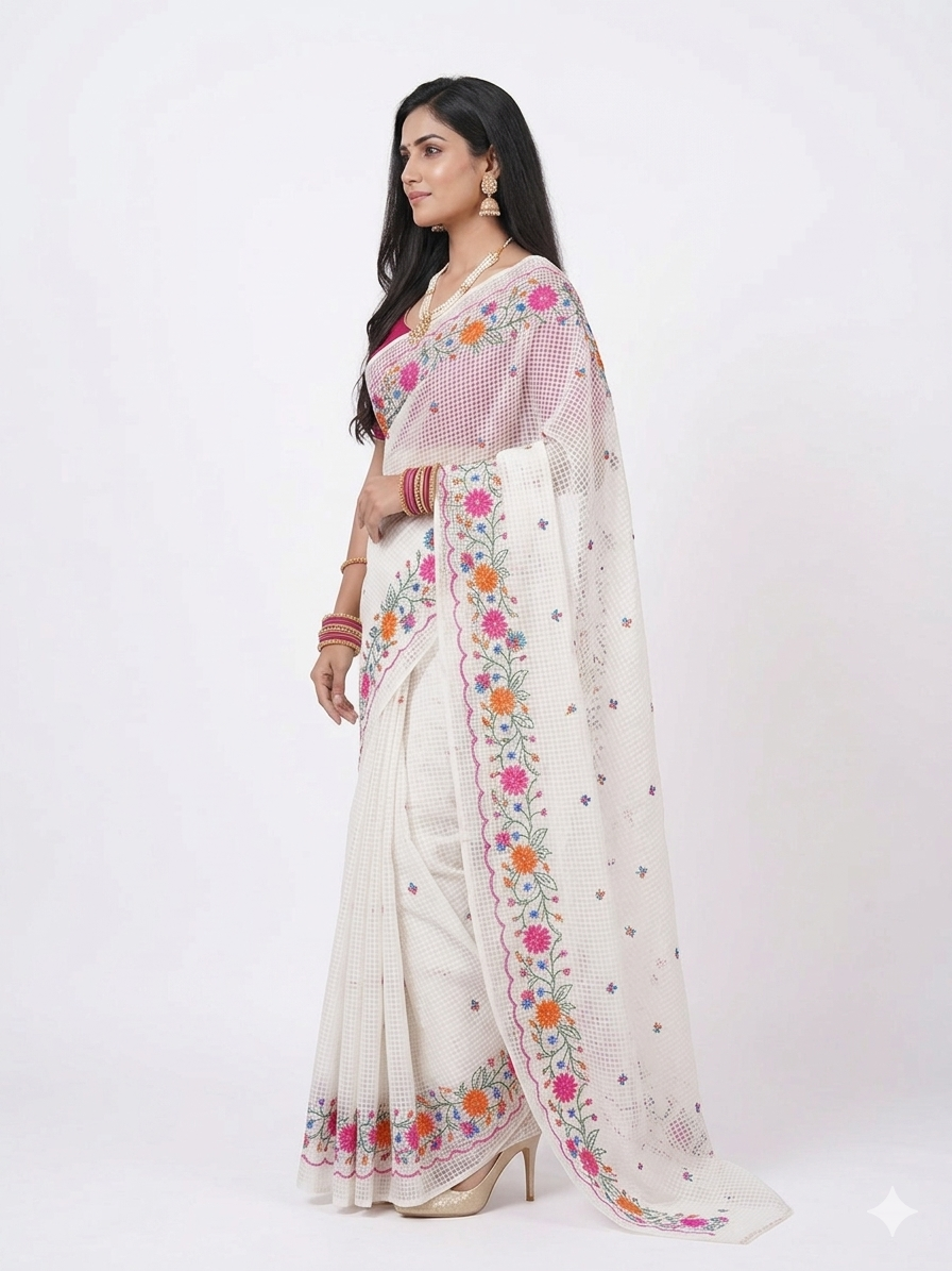 White Embroidery Kota Cotton Saree
