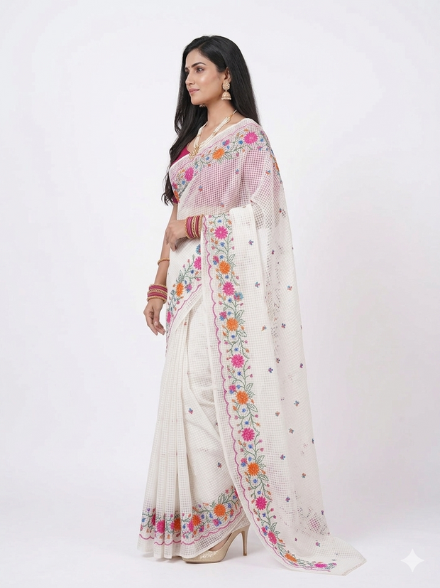 White Embroidery Kota Cotton Saree