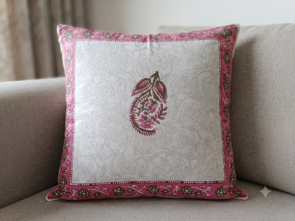 White Handblock Cotton Cushion