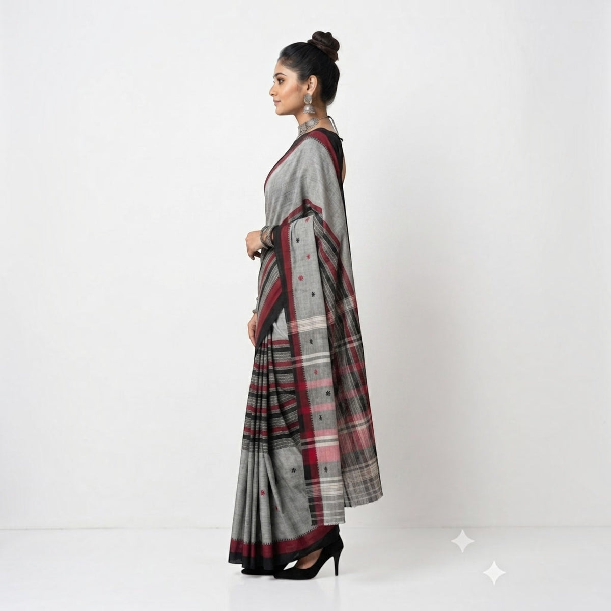 Grey Black Stripe Handwoven Cotton Saree