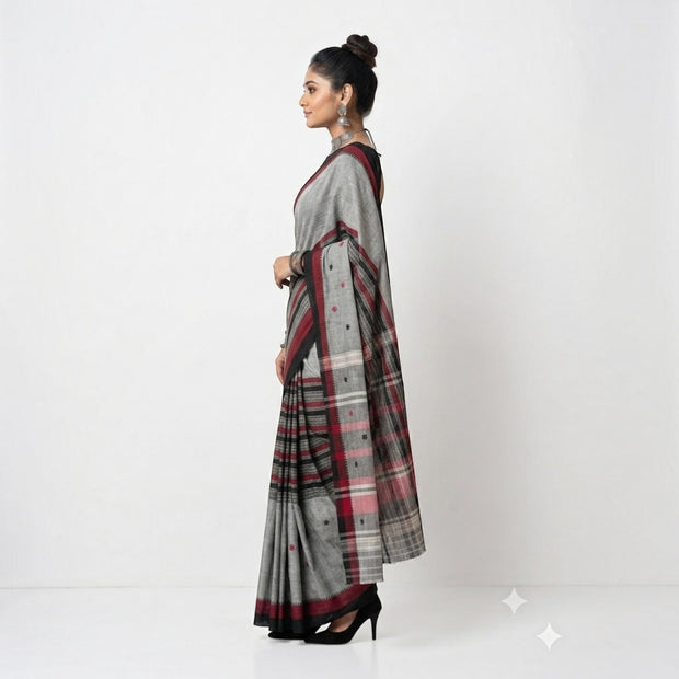 Grey Black Stripe Handwoven Cotton Saree