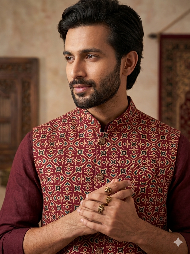 Maroon Ajrakh Silk Jacket