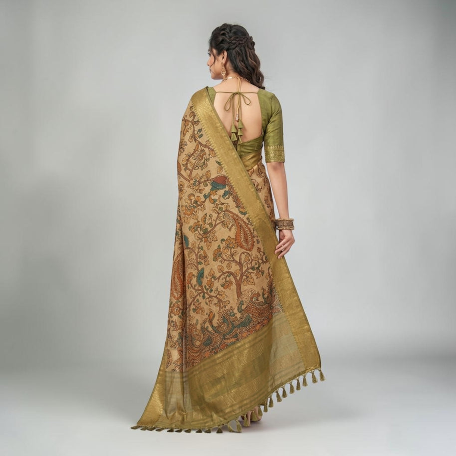 Golden Kalamkari Silk Saree