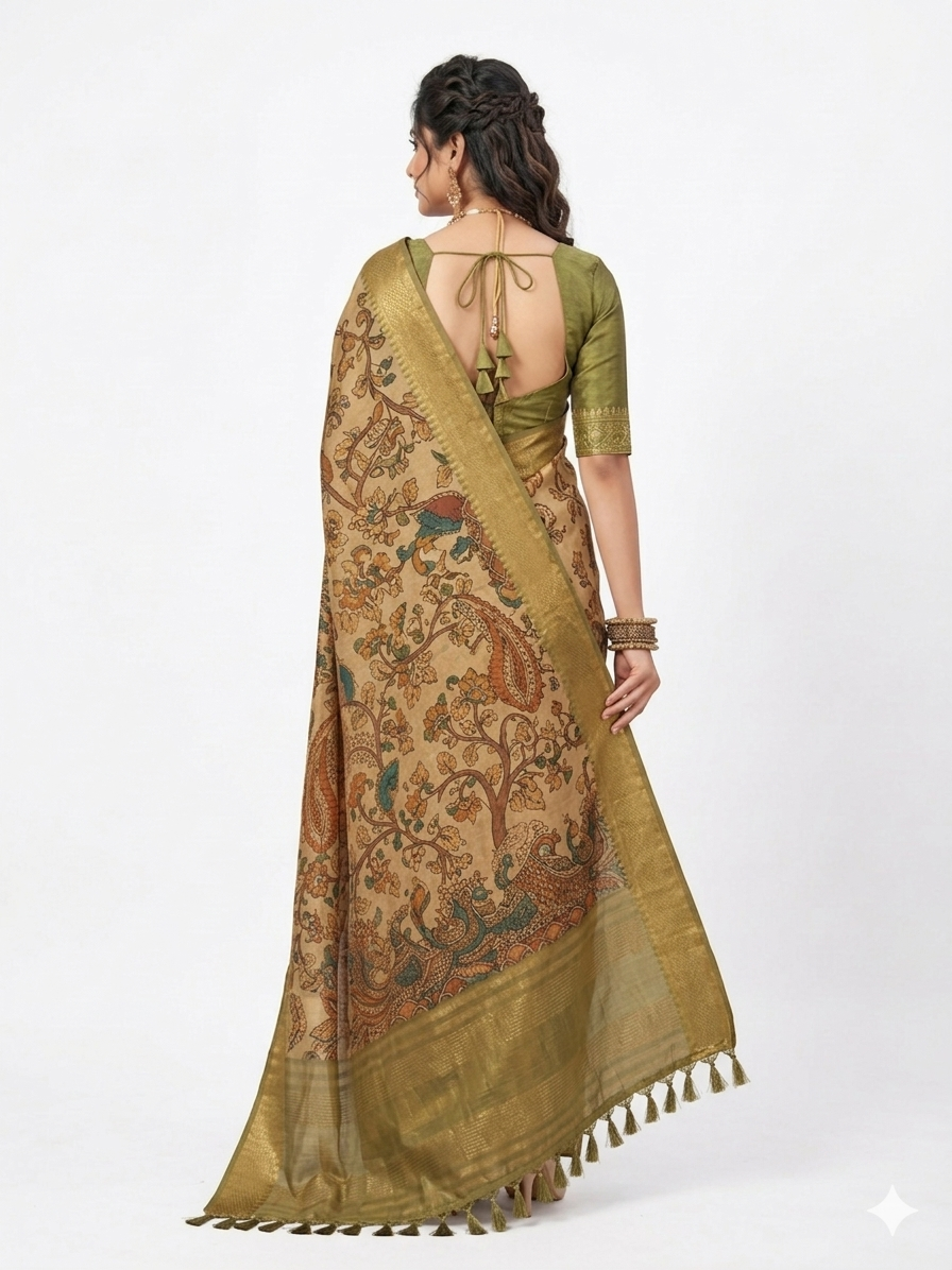 Golden Kalamkari Silk Saree