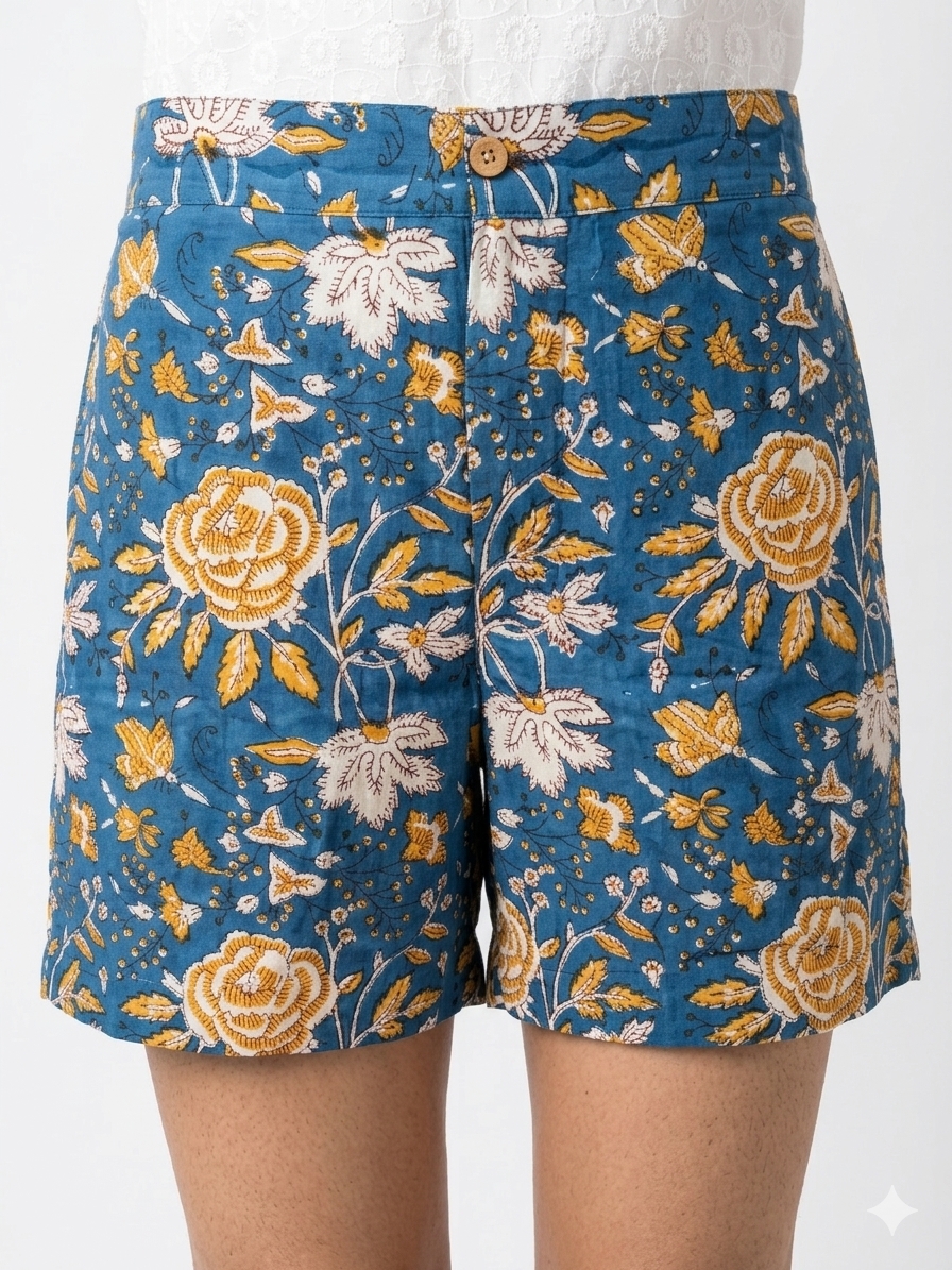 Blue Floral Handblock Cotton Shorts