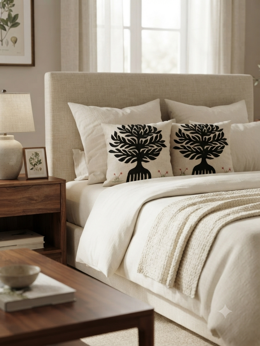 Cream Applique Work Cushion Cover