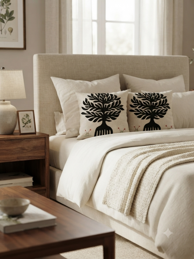 Cream Applique Work Cushion Cover