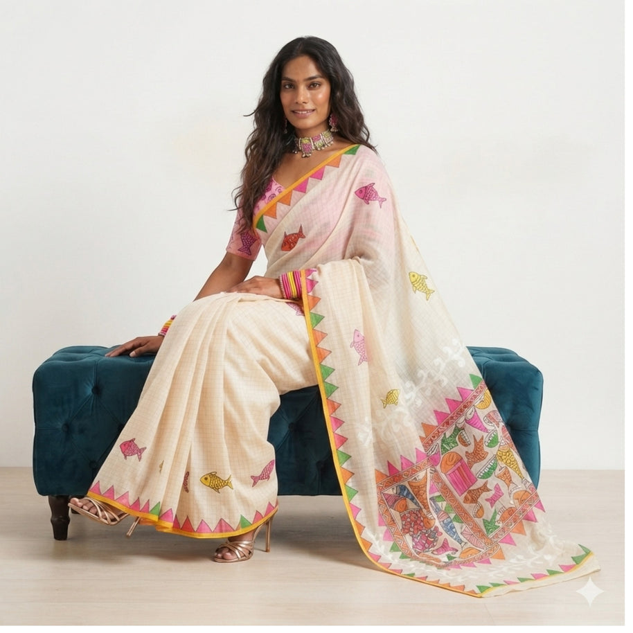 Cream Handpainted Cotton Saree