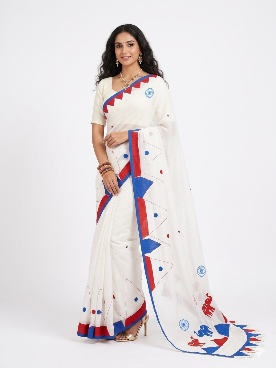 White Red Applique Cotton Saree