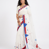 White Red Applique Cotton Saree