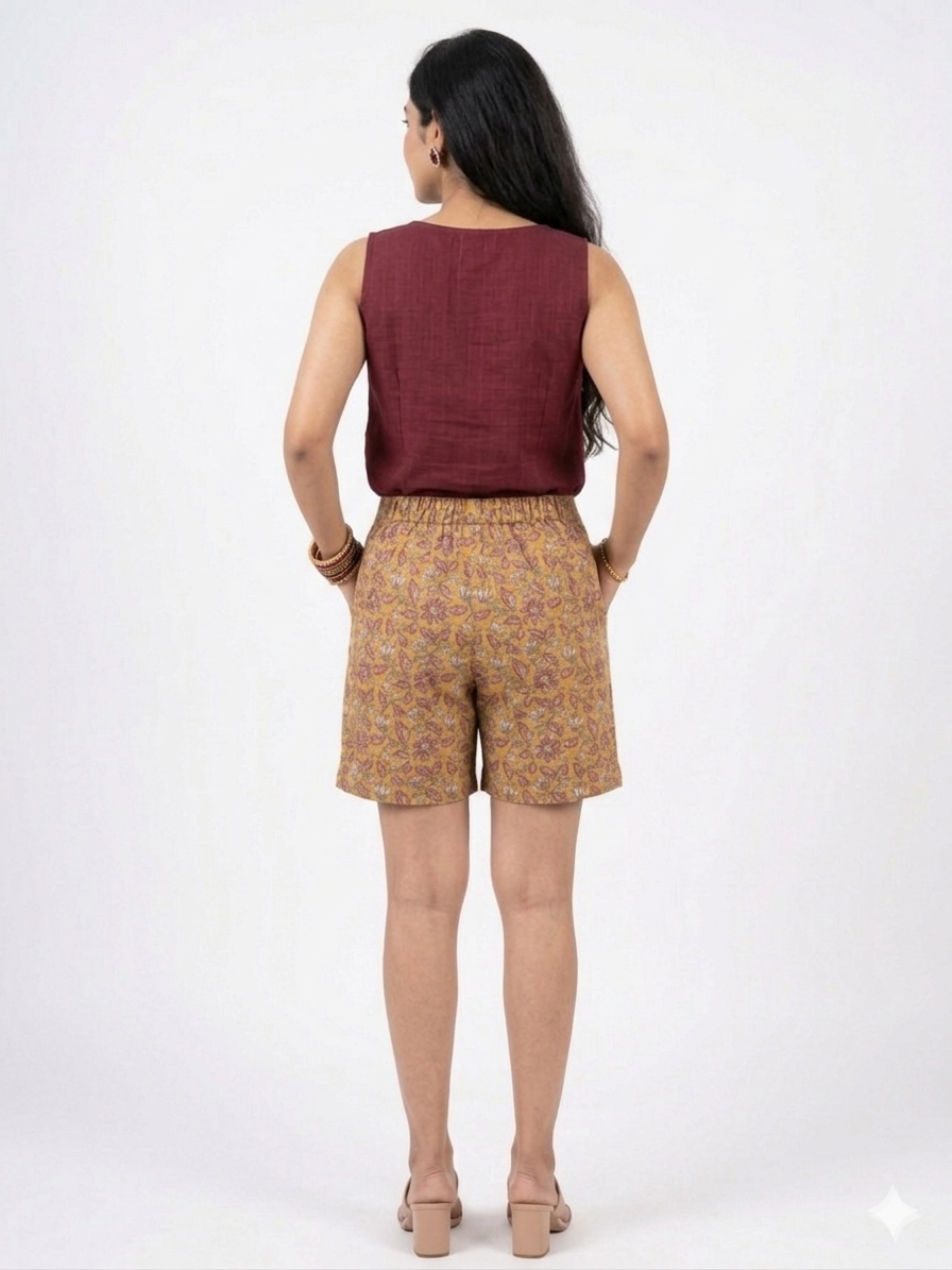 Yellow Handblock Cotton Shorts