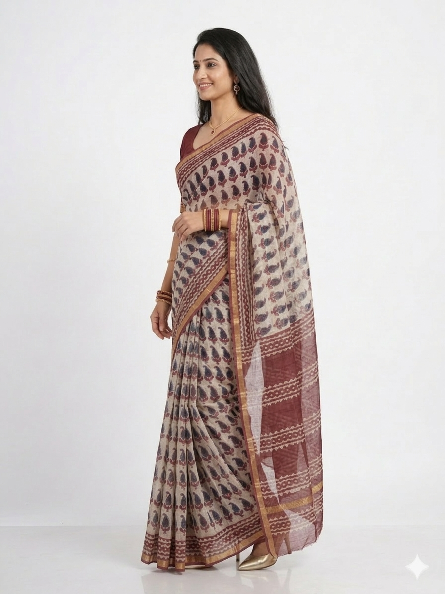 Offwhite Maroon Handblock Kota Cotton Saree