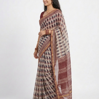 Offwhite Maroon Handblock Kota Cotton Saree