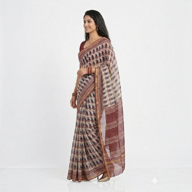 Offwhite Maroon Handblock Kota Cotton Saree