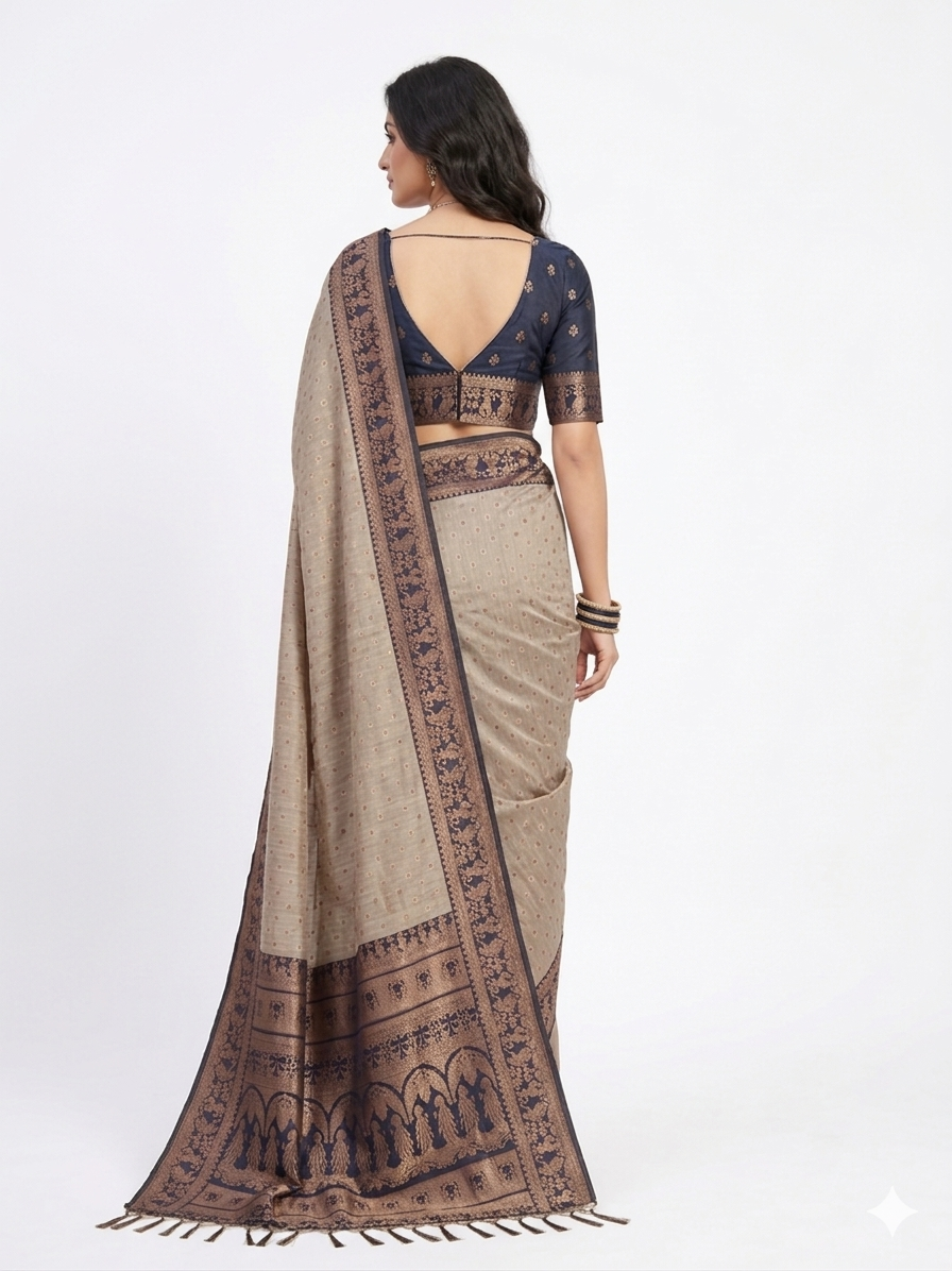 Golden Black Zari Work Silk Saree
