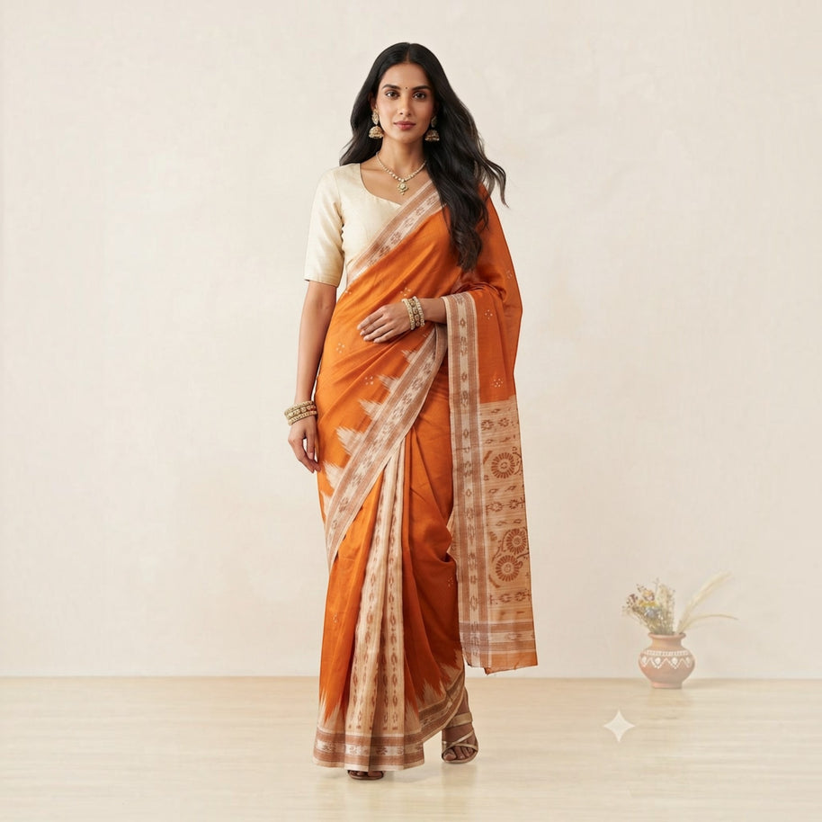 Rust Orange Handwoven Khandua Patta Silk Saree