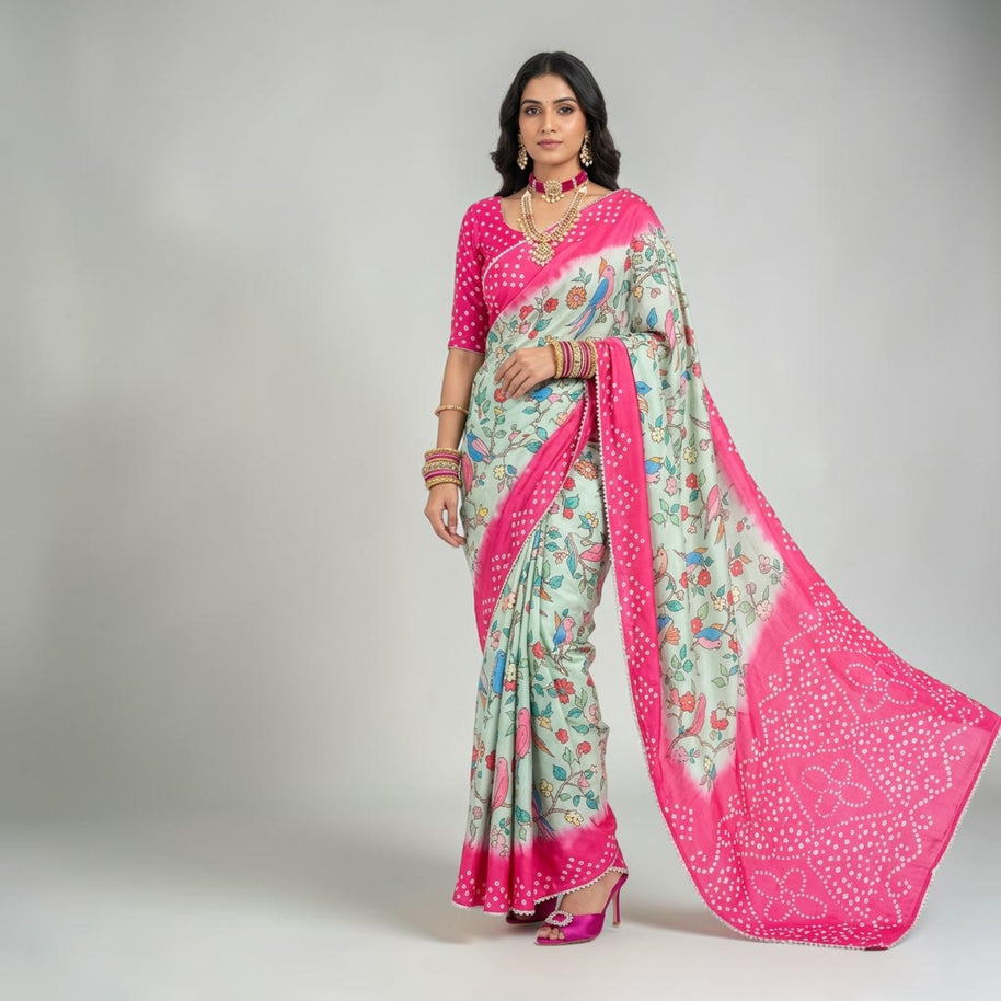 Green Kalmakari Bandhani Makhmali Silk Saree
