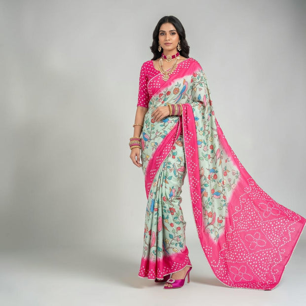 Green Kalmakari Bandhani Makhmali Silk Saree