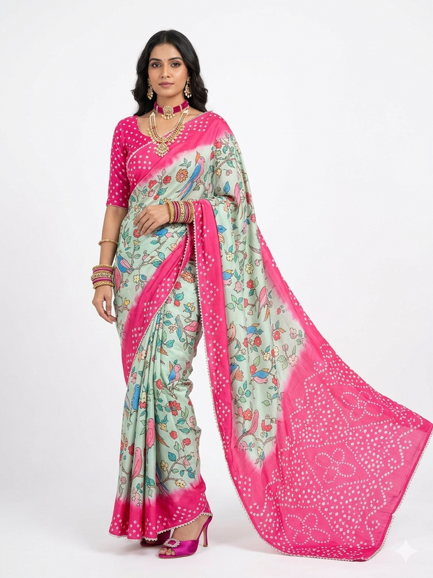 Green Kalmakari Bandhani Makhmali Silk Saree