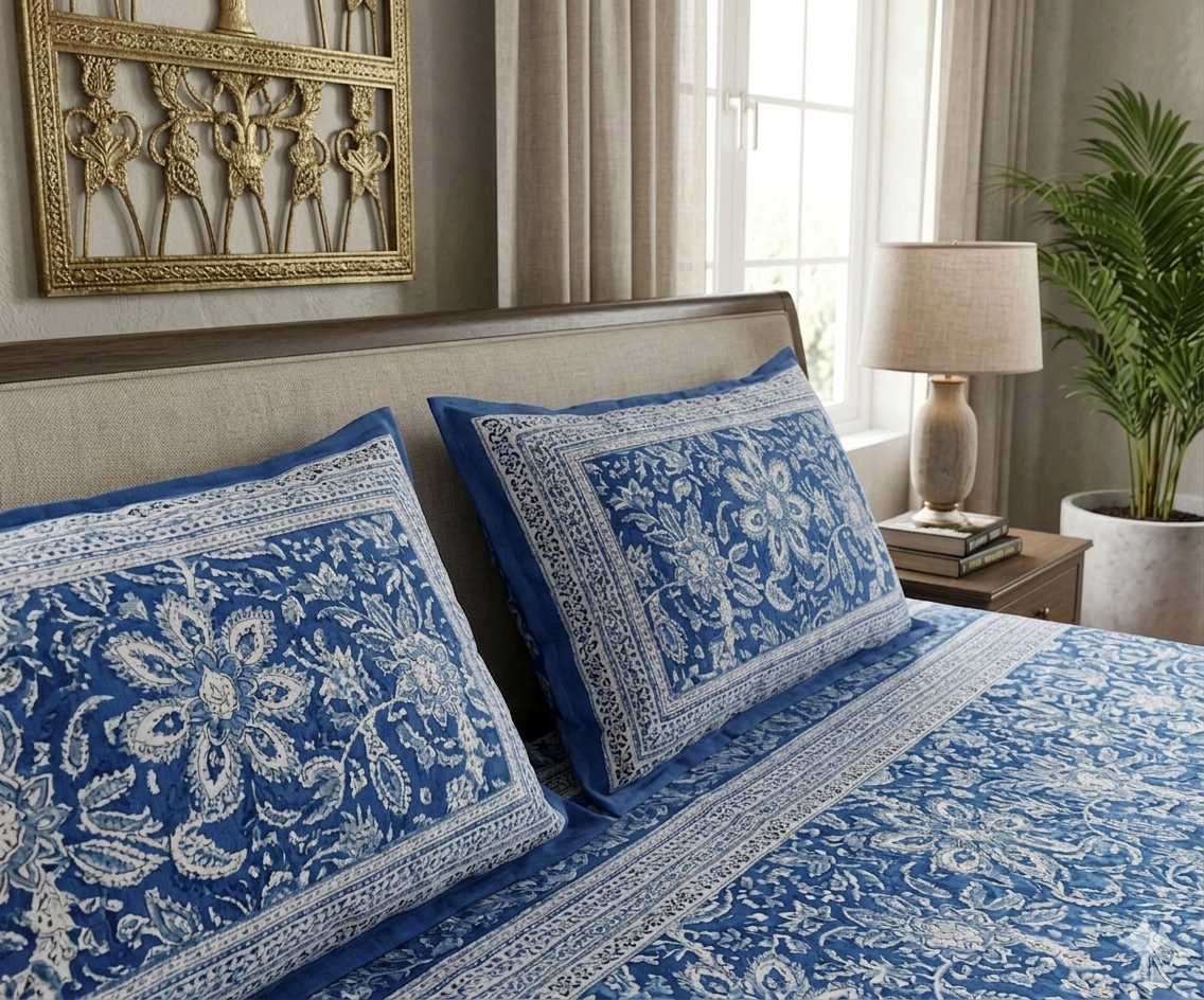Navy Blue White Handblock Print Double Bedsheet