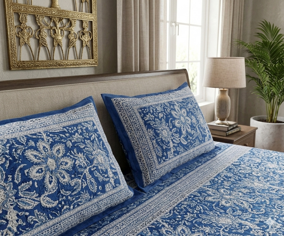 Navy Blue White Handblock Print Double Bedsheet