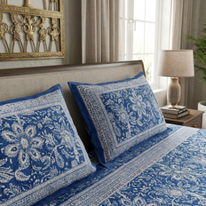 Navy Blue White Handblock Print Double Bedsheet