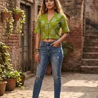 Green Floral Handblock Print Cotton Blouse