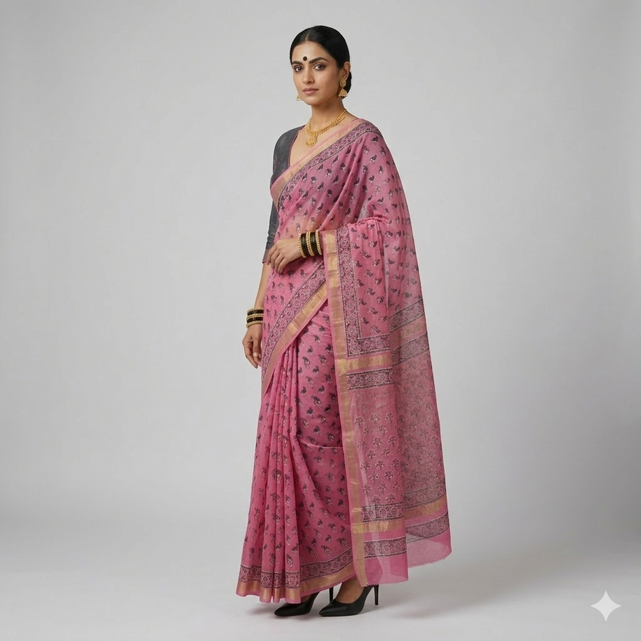 Pink Handblock Print Maheswari Silk Saree