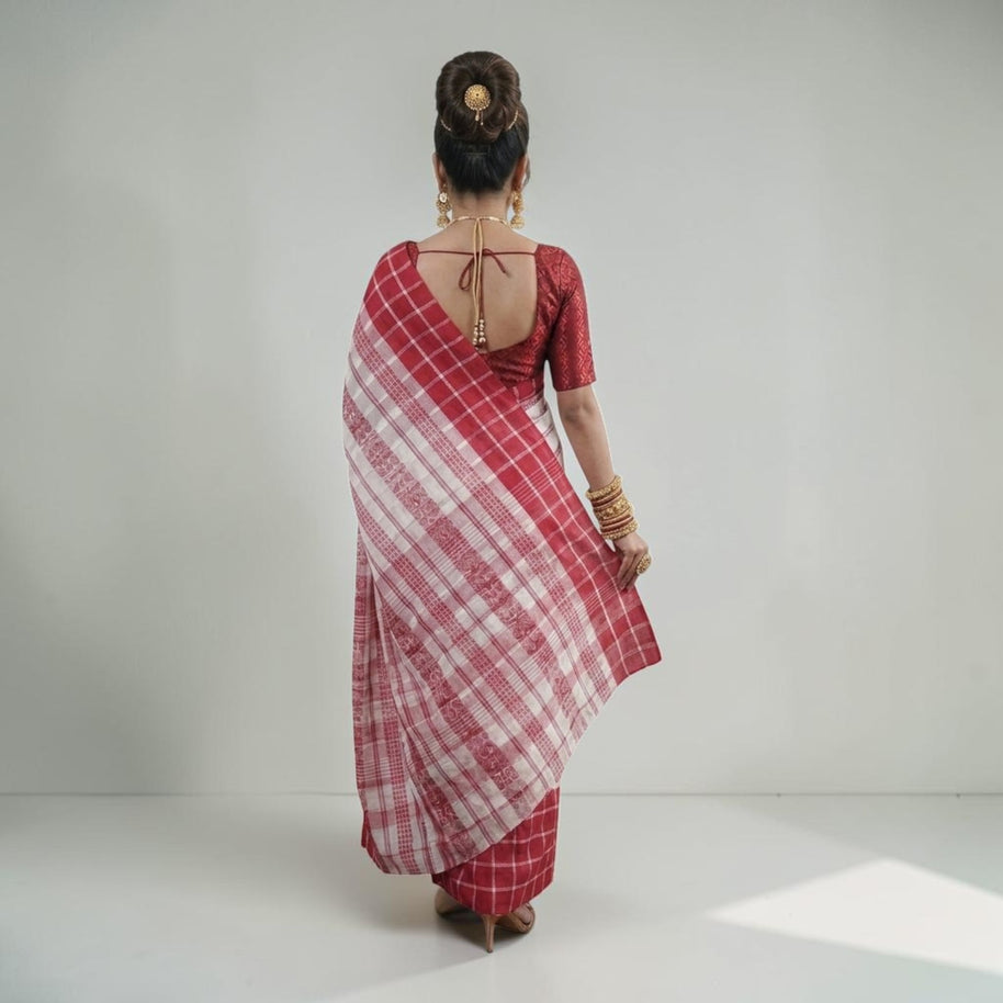 White Red Check Handwoven Cotton Saree