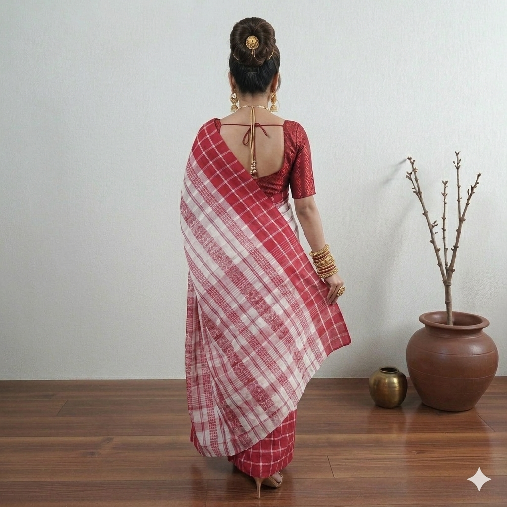 White Red Check Handwoven Cotton Saree