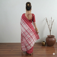 White Red Check Handwoven Cotton Saree